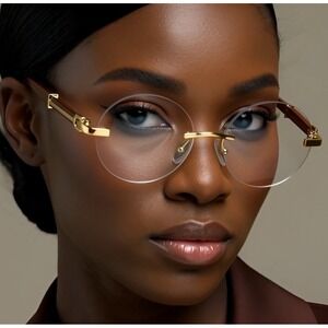 Rimless Round Women Eyeglasses Gold Accents Wood Grain Arms Fashion Trendy Style